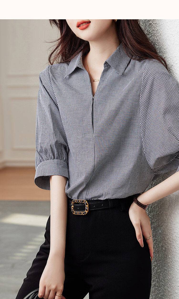 Dme [Furei Lian Ge] Summer V-Neck Shirt with Collar, Vintage Plaid Comfortable Slimming Blouse Women's Top 13