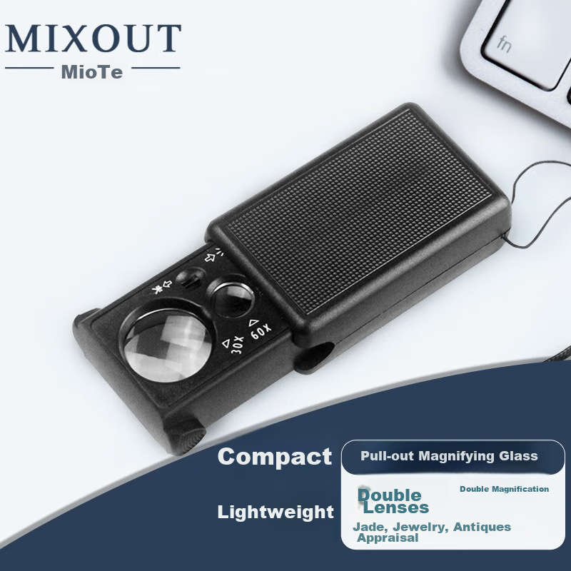 MIXOUT, 30x And 60x Double Lens Magnifier with LED Light, Pull-Out Magnifying Glass for Currency Inspection, Antiques, Jade, Beads And Jewelry