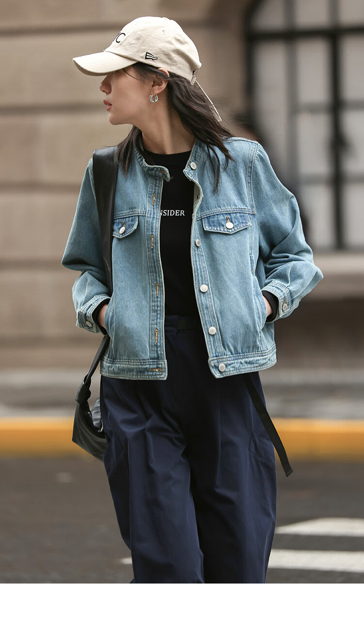 Dme Small Round Neck Denim Jacket Spring Straight Shoulder Sleeve Slim Fit Short Denim Jacket 7