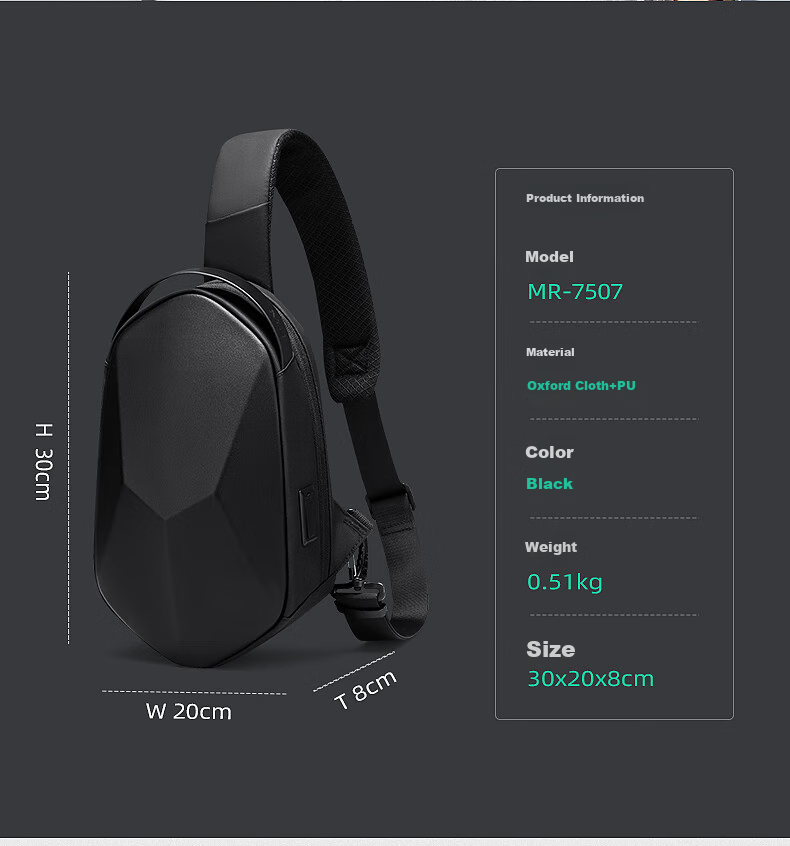 MARK RYDEN Chest Bag, Men's Sliced Three-Dimensional Crossbody Bag, Large Capacity, Personalized Shoulder Bag, Sports Hard Shell Bag, MR7507, Cool Black 17