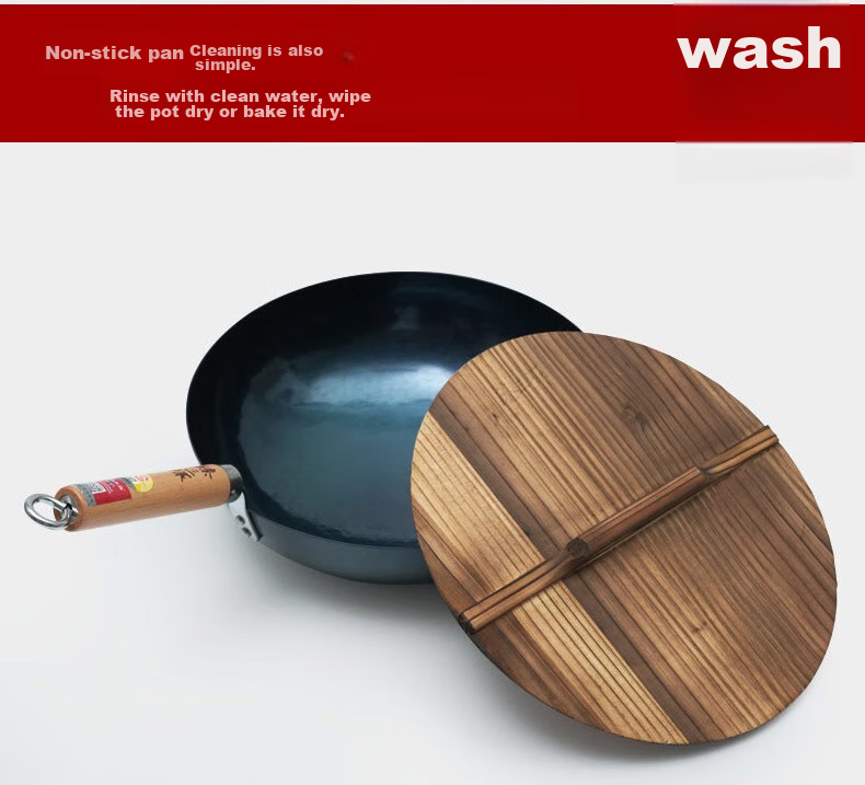 Zhensanhuan Zhangqiu Iron Wok, Hand-Forged Stir-Fry Pan, Uncoated Cooking Pan, Non-Stick, Round Bottom, Seasoned Iron Pan with Wooden Handle, 32cm 6