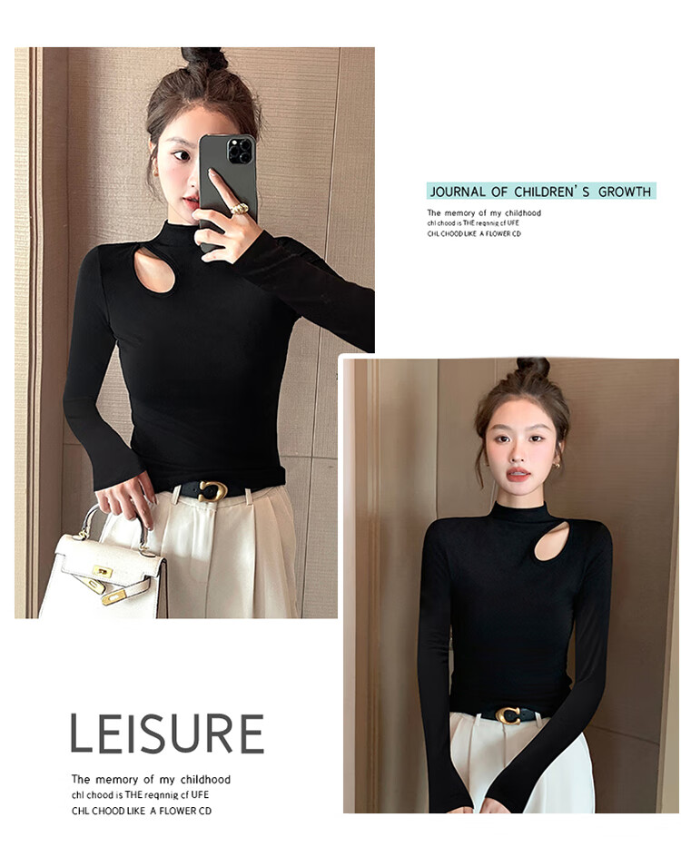Woodpecker Women's Half Turtleneck Hollow Long Sleeve Autumn Slim Ribbed T-Shirt White S 3