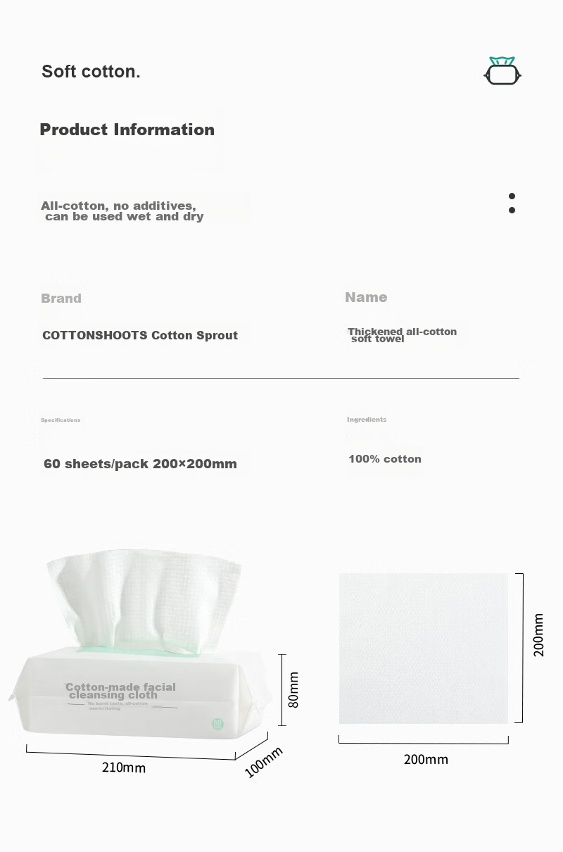 COTTON SHOOTS Disposable Face Towels, Pure Cotton Soft Wipes, Thickened Facial Cleansing Cloths, Hanging Family Pack, 2 Packs × 168 Sheets, 20*20cm 10
