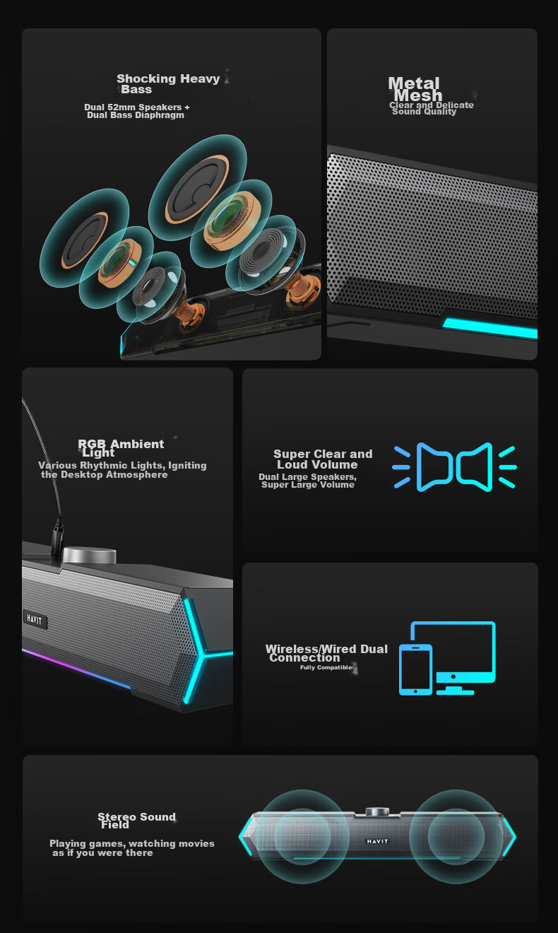 Havit Computer Speakers, Bluetooth Speaker, Desktop Home Laptop Host USB Long Bar Speaker, Online Class Mini Subwoofer External Speaker, M19 Microphone Versio 4