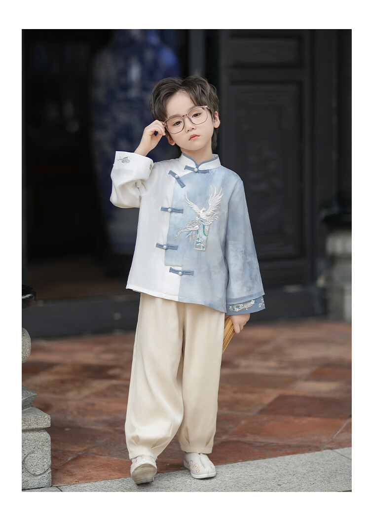 Qibo Hanfu Boys' Spring And Autumn Children's New Chinese-Style National Fashion Ancient Style Tang Suit, Hongying Long Sleeve (Top Only), Size 130 16