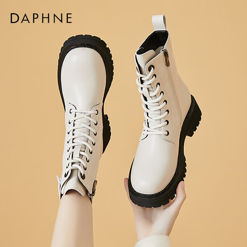 DAPHNE Women's Martin Boots Thick Sole New High Heel Ankle Boots British Style Leather Casual Shoes Beige Fleece Lined Size 37