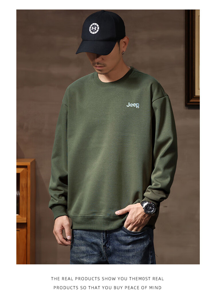 JEEP Men's Sweatshirt, New Spring And Autumn 2026 Style, Trendy Round Neck, Loose Long-Sleeve Casual Sportswear Top for Men, Fashionable 14