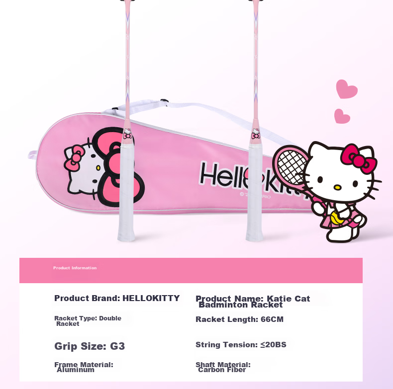 Mesuca Badminton Racket, Ultra-Light Carbon Fiber Pair, Entry-Level Training for Women, One Set - Hello Kitty 5