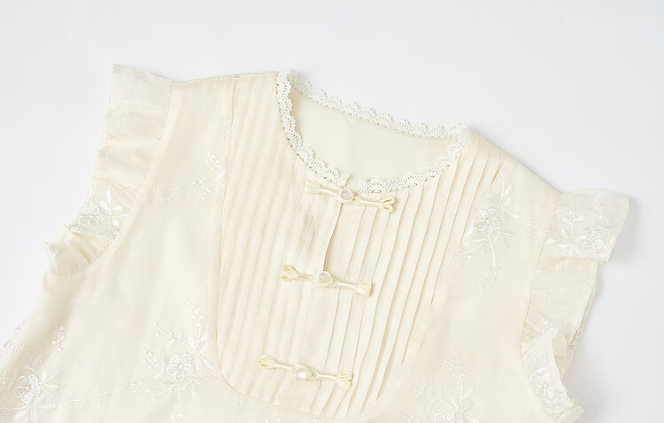 Dme [Yuhu Bingxin] Spring And Autumn Style New Chinese Embroidered Button Closure Water-Soluble Lace Trim Short Flutter Sleeves Dress for Wome 8