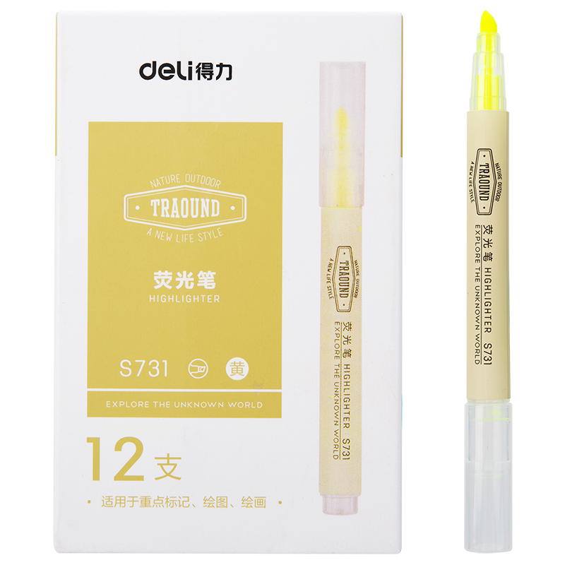 Deli Yellow Highlighter Pens, Student Exam Review Marking Pens, Office Classification Marking Water-Based Marker Pens, 12 Pcs, S731 Yellow