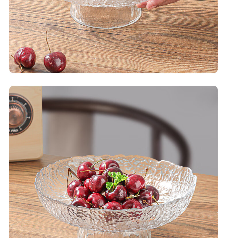 BJ Glass Fruit Plate, Tray, Light Luxury Living Room Snack Plate, Dried Fruit Plate, Tea And Dessert Plate, Candy Dish, High-Foot Hammered Patter 17