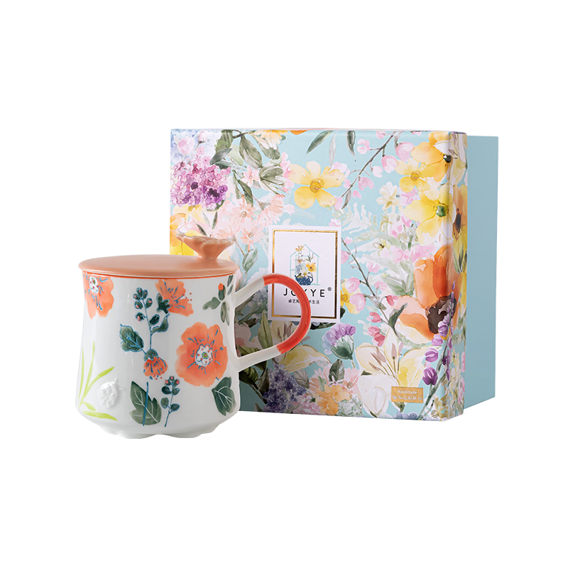 JOYYE Ceramic Mug, Birthday Gift, Underglaze Hand-Painted Embossed Coffee Cup, Mid-Autumn Festival Gift