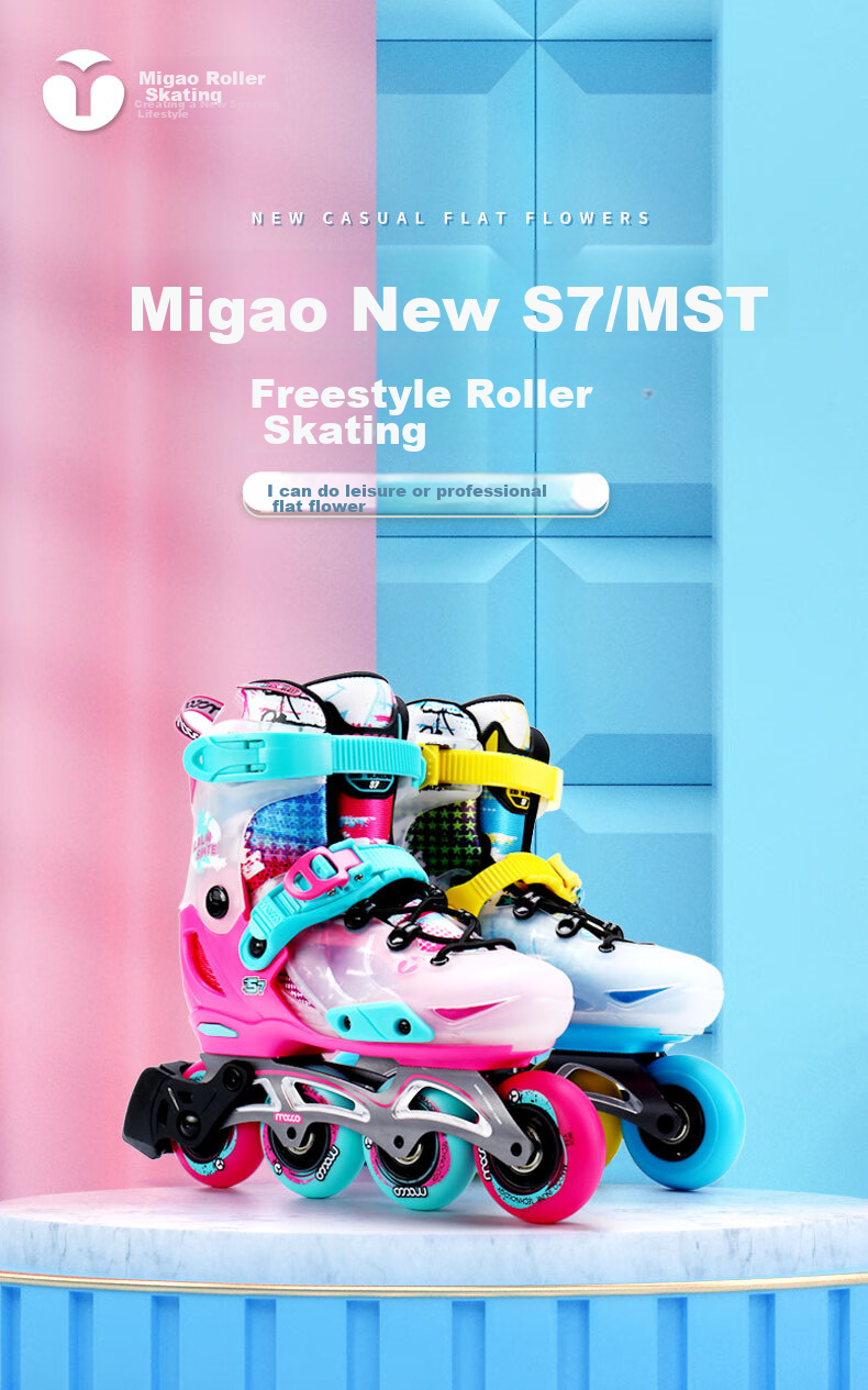 Migao Roller Skates for Children, Inline Skates for Boys And Girls, Flat Skate Shoes, Complete Set with Adjustable Straight Wheels S7 Pink Set Size M 2