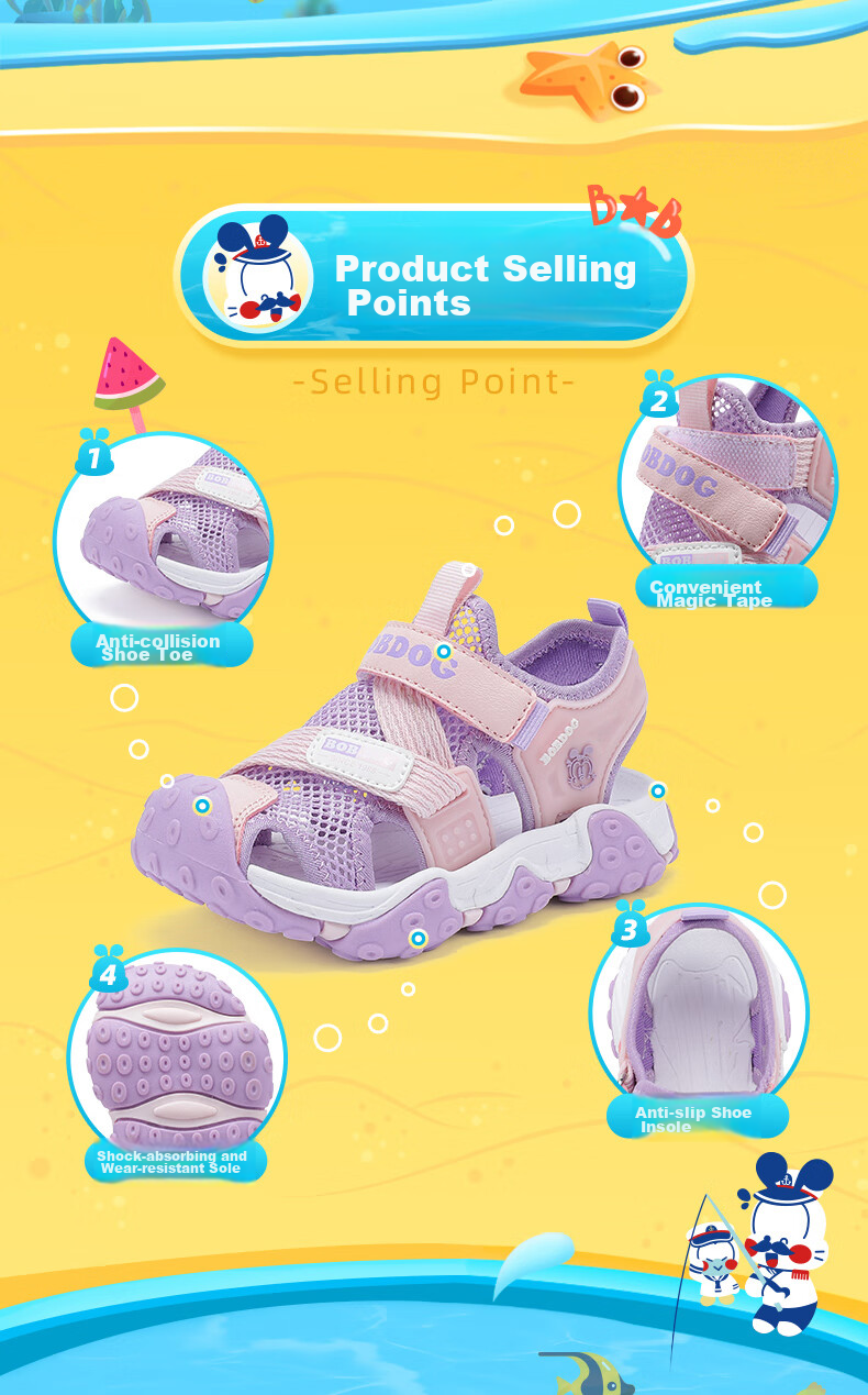BOBDOG Children's Shoes, Girls' Closed-Toe Beach Sandals, Summer Soft-Soled Fashionable Kids' Sandals, 105532008, Light Pink/pink Purple, Size 27 3