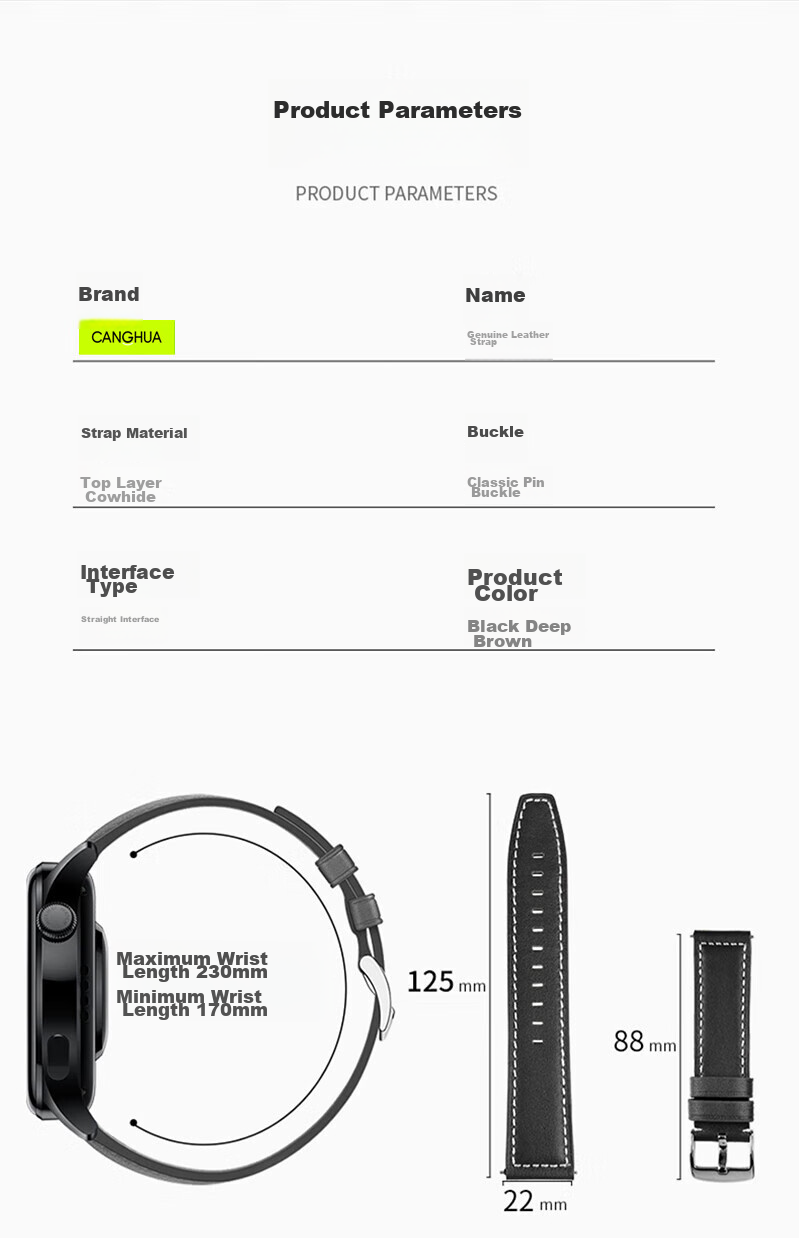 CangHua Leather Watch Strap Compatible with OPPO Watch X3/X2/X/XS/S2/4 Pro, OnePlus Watch 2, Small Calfskin Fashion Band, Brow 22