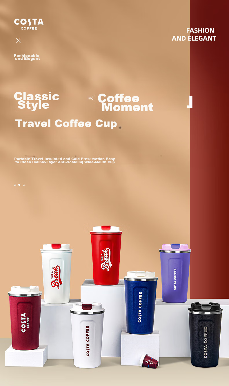 COSTA Stainless Steel Coffee Mug with Lid, Portable Travel Cup for Men And Women, Car-Friendly Insulated Water Bottle, Gift 1