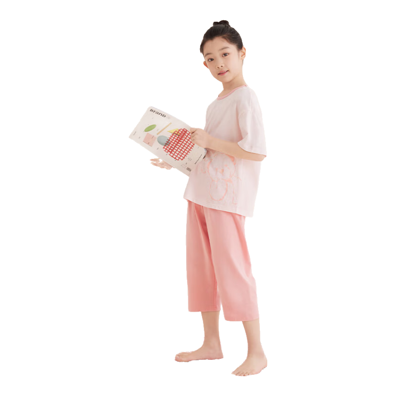 Hodo Children's Pajamas, Boys And Girls Summer Thin Pure Cotton Short-Sleeve Home Wear Set, Air Conditioning Clothes J3302 Light Pink 140