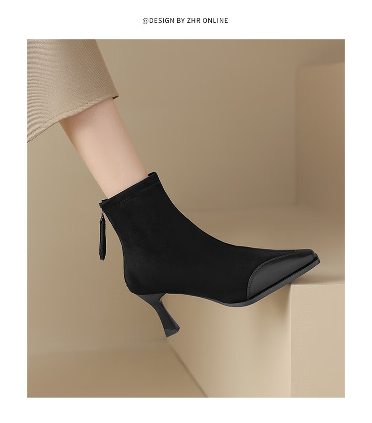 ZHR High Heel Ankle Boots for Women, Elegant Thin Heel Fleece-Lined Boots, Versatile Square-Toe Commuter Boots Y1007A Black Size 38 7
