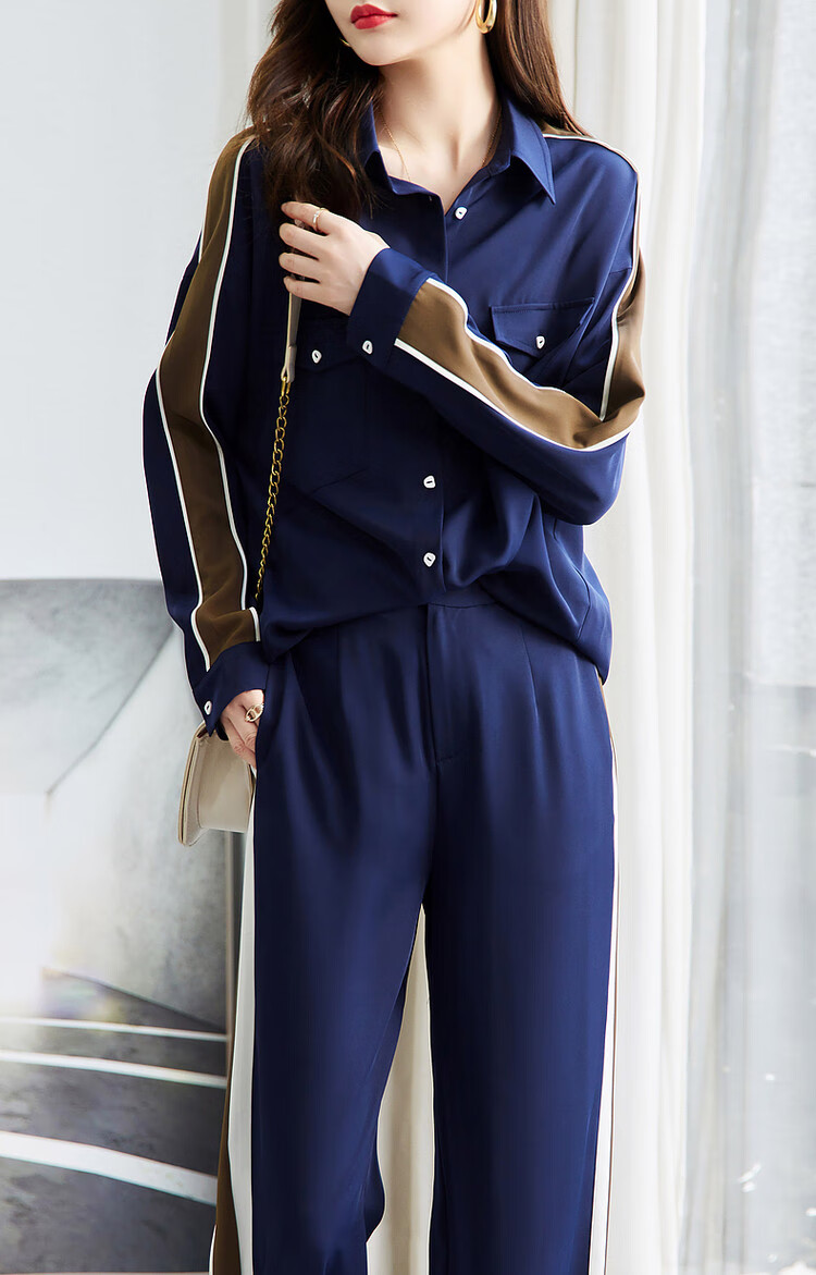 Dme [Casual Color Block Two-Piece Set] Spring And Autumn Turndown Collar Long-Sleeve Top with Mid-Rise Women's Pants Set, Fashionable 9