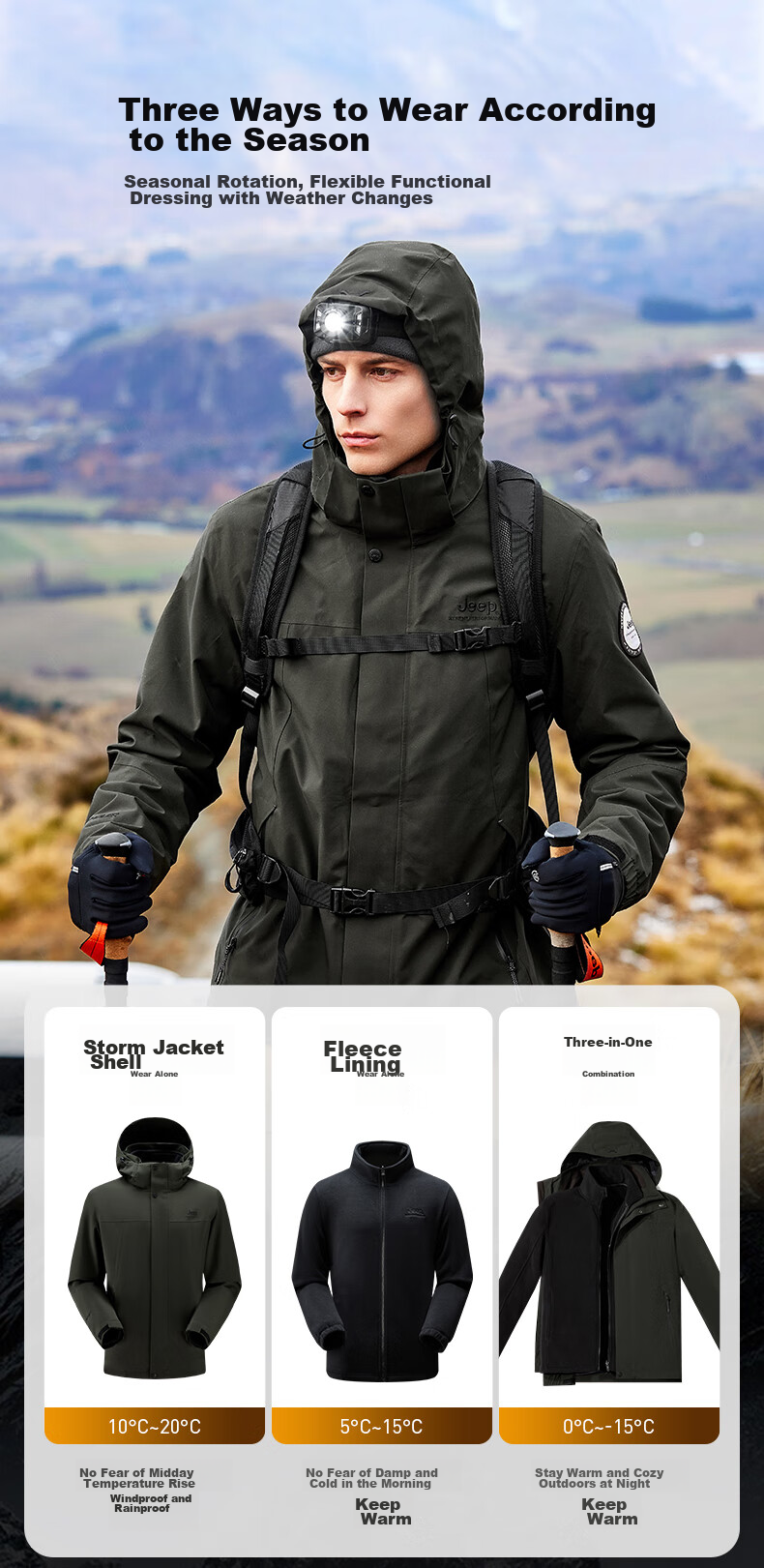 Jeep Men's Three-In Jacket, Outdoor Windproof And Waterproof, Detachable Fleece, Mountaineering Coat, 081 Brand, Black, Size M 4