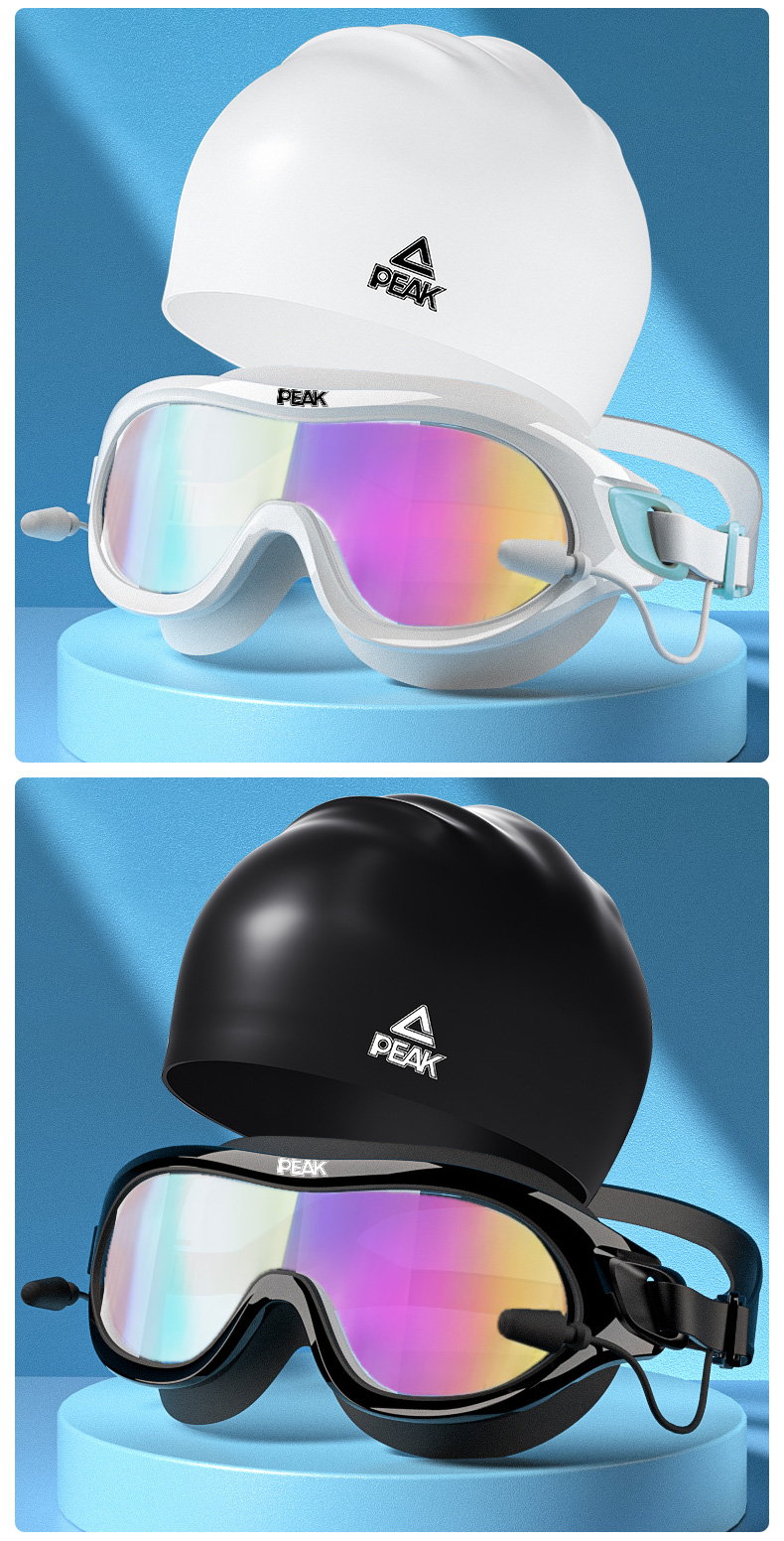 PEAK High-Definition Anti-Fog Waterproof Large Frame Integrated Earplugs for Men And Women, Adult Swimming Goggles, Large Frame Myopia 350 Degrees, Black 12