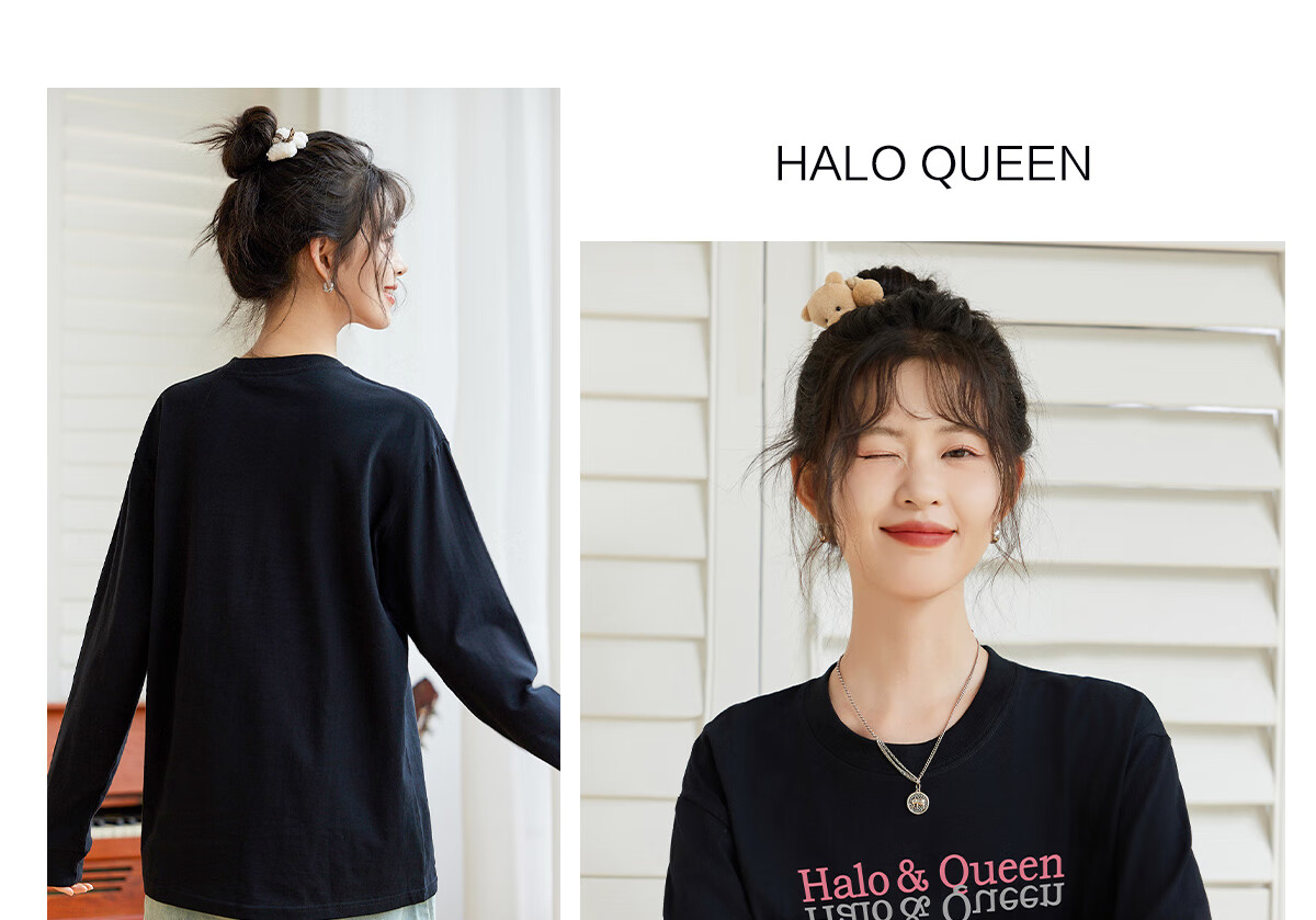 Halo Queen Women's Long Sleeve Cotton T-Shirt Spring Autumn Round Neck Letter Bow Print Casual Base Shirt New H143T2009 28