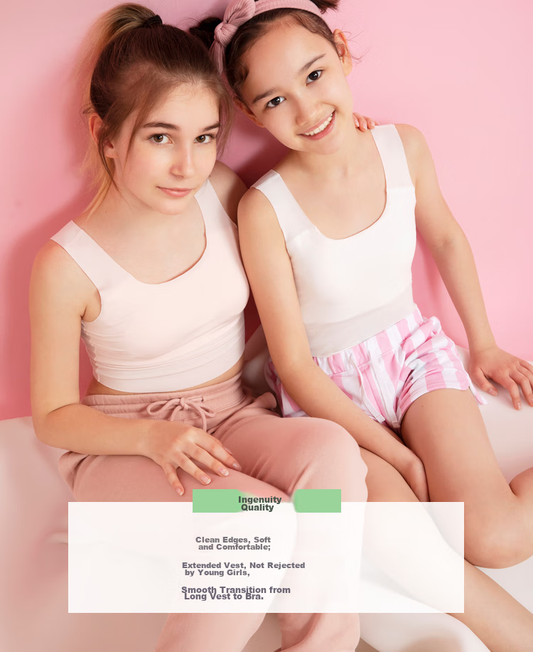 AIMER JUNIOR Girls' Developmental Underwear Stage One Mid-Length Vest Bra, Versatile Seamless 2-Piece Set White + Pink, Size 150 1