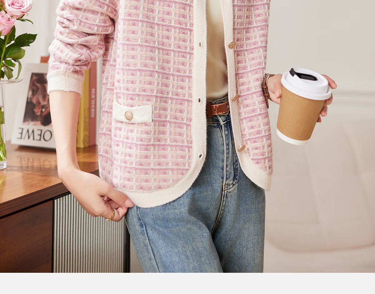 PinCai Women's Loose Plaid Jacquard Knit Cardigan Elegant Youthful Knit Jacket P143Z1001 6