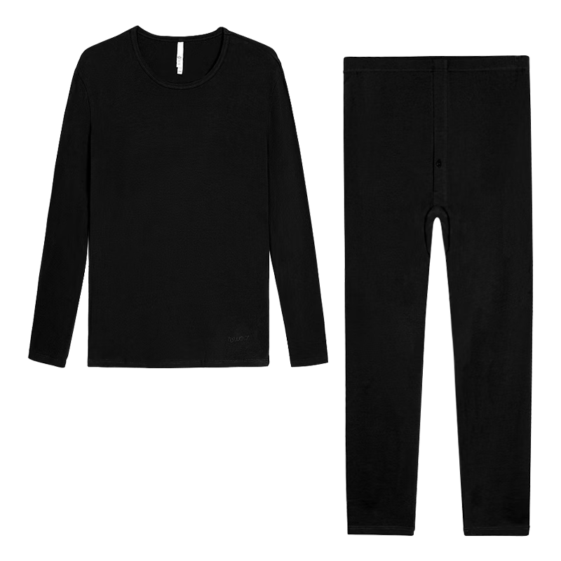 Hodo Men's Underwear Autumn Thermal Top And Bottom, Solid Color Cotton-Spandex Round Neck Thin Warm Underwear Set, Moonlight Black, Size 175