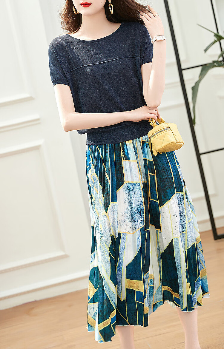 Dme [Intelligent Outfit] Spring And Autumn Ice Linen Gold And Silver Thread Top Printed Skirt Two-Piece Set for Women, Fashionable 14