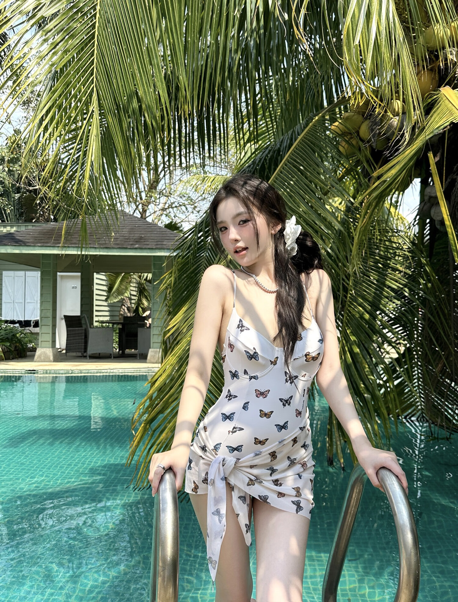 OMOM Women's One-Piece Swimsuit Sexy Pure Temptation Butterfly Print Slimming Whitening Vacation Off-White L 1