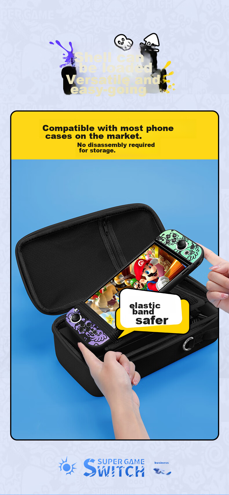 BUBM Switch Storage Case, NS Game Console Protective Cover, OLED Large Capacity Storage Box, Lite Charging Dock, Controller Strap Storage, Includes Joy-Con Caps, Splatoo 7