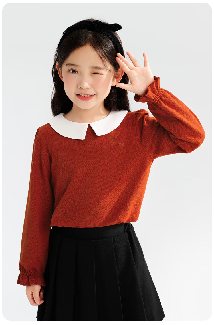 QQ DUCK Children's Clothing, Girls' Red Shirt, Peter Pan Collar Blouse, Youth Inner Wear, Performance Costume; 165 1