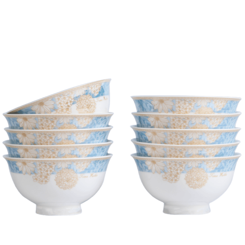 Haoya Jingdezhen Ceramic Bowl Set, Rice Bowls, Time Walk Series, 4.5-Inch High Foot Bowls, Set of 10