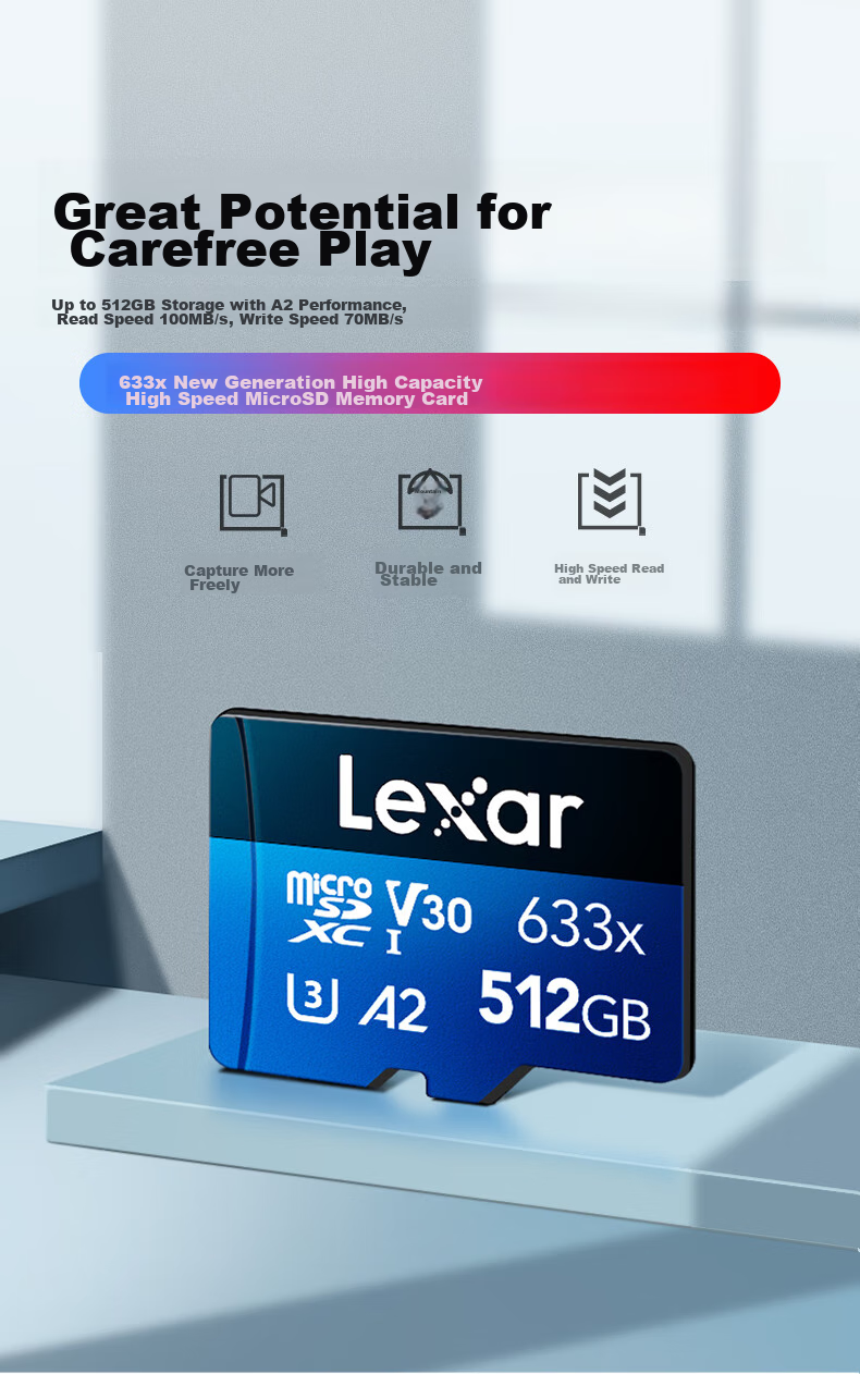 Lexar 512GB TF (MicroSD) Memory Card, C10 U3 V30 A2 High-Speed Memory Card, Read Speed 100MB/s, Durable And Stable (633x) 2