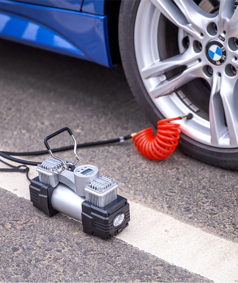 Deli deli car air pump preset tire pressure metal double 30 cylinder portable air pump with light can measure pressure 2.6m extension cord Deli deli car air pump preset tire pressure metal double 30 cylinder portable air pump with light can measure pressure 2.6m extension cord
