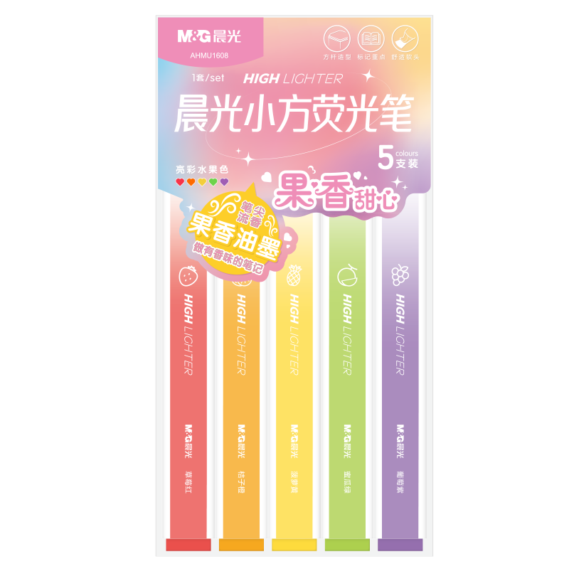 M&G Stationery, 5-Color Fruit-Scented Highlighter Set, Colorful Single-Tip Markers, School Key Marking Pens, Square Grip Easy-Hold Student Drawing And Journaling Pens AHMU1608