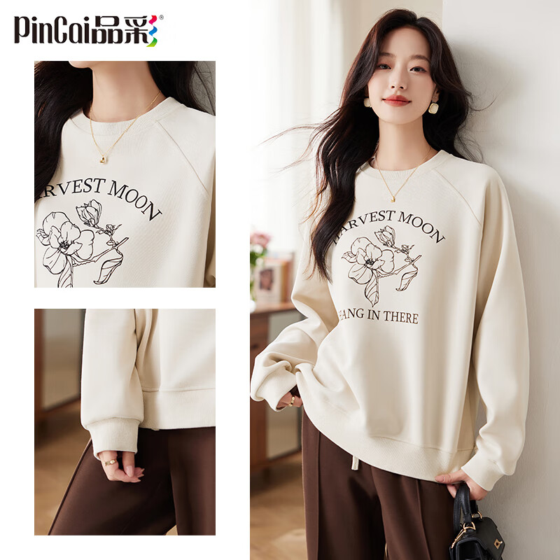 PinCai Elegant Floral Print Crewneck Sweatshirt Casual Versatile Outerwear P143W1008