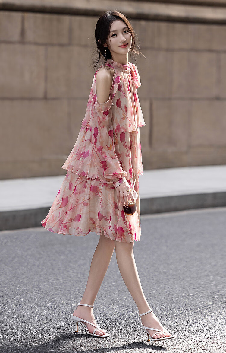 Demana [Hot Valley Eternal Summer] Spring Summer Elegant Off-Shoulder Tie Diamond Chiffon Gradient Print Dress for Women 10