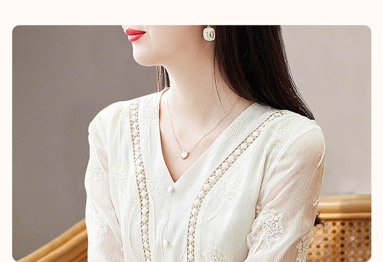 Dme [Xian Gan Embroidered Dress] Spring And Autumn V-Neck Hollow-Out Woven Strap Three-Quarter Sleeve Midi Dress for Women, Off-White, M 4