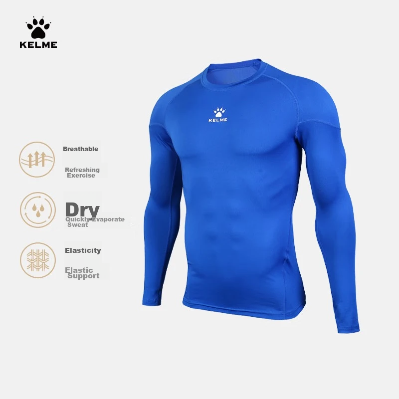 KELME Sports Compression Shirt for Men, Autumn Long-Sleeve Undershirt, Breathable Basketball Football Elastic Fitness Wear, Colorful Blue, XL