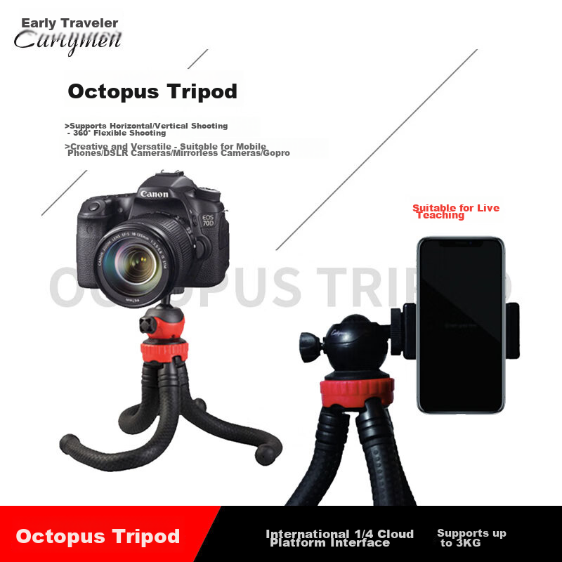 Earlymen EM-123 Octopus Desktop Tripod, Vlog Short Video Host Desktop Stand, Phone Selfie Stand, Portable Versatile with Phone Clamp + Remote Control