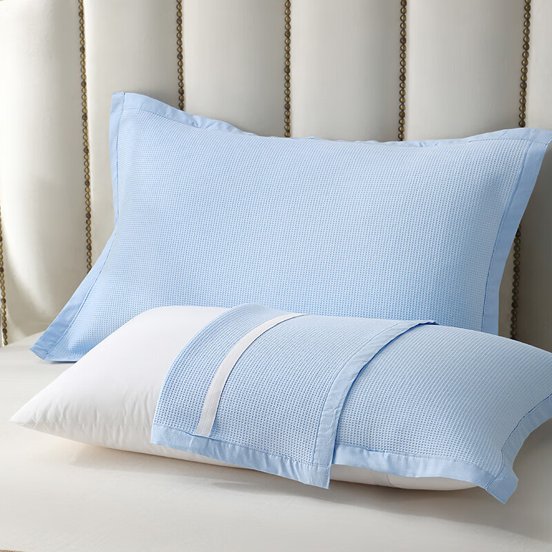 Zhuyibai Pure Cotton Waffle Pillowcase 1 Pair, Gauze Breathable Sweat-Absorbing Adult Pillowcase Non-Slip Fixed Blue