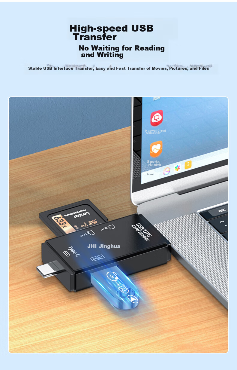 Jinghua USB Multi-Function High-Speed Card Reader SD/TF Six-In Card Reader Supports Phones, Laptops, DSLR Cameras, Dash Cams, Memory Cards Black N452 5