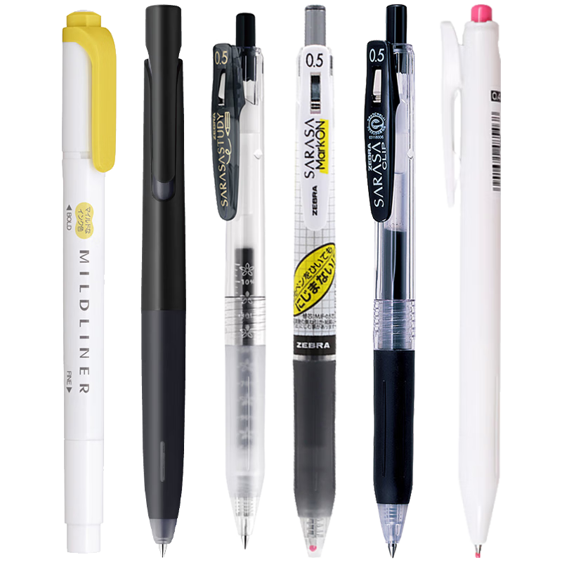 ZEBRA JJ15 Learning Combination Set 8, 0.4mm/0.5mm Bullet Tip Brush Pen, Dual-Tip Highlighter, Study Series for Subjects, 6-Pack