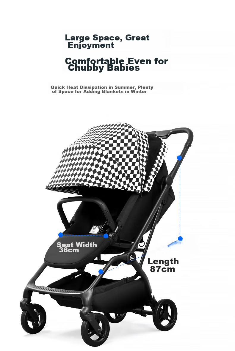HBR Stroller with Reversible High View, Newborn Carriage, Can Sit And Lie Down, M360 Luminous, Black And White Checkered Patter 17