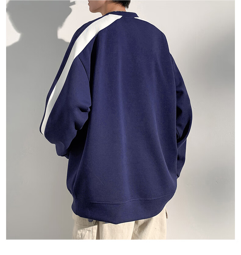 Dingfengbaoluo American-Style Sweatshirt for Men, Spring Vintage Long-Sleeve T-Shirt, Trendy Color-Block Patchwork, Loose Round Neck, DFL02 Black M 14