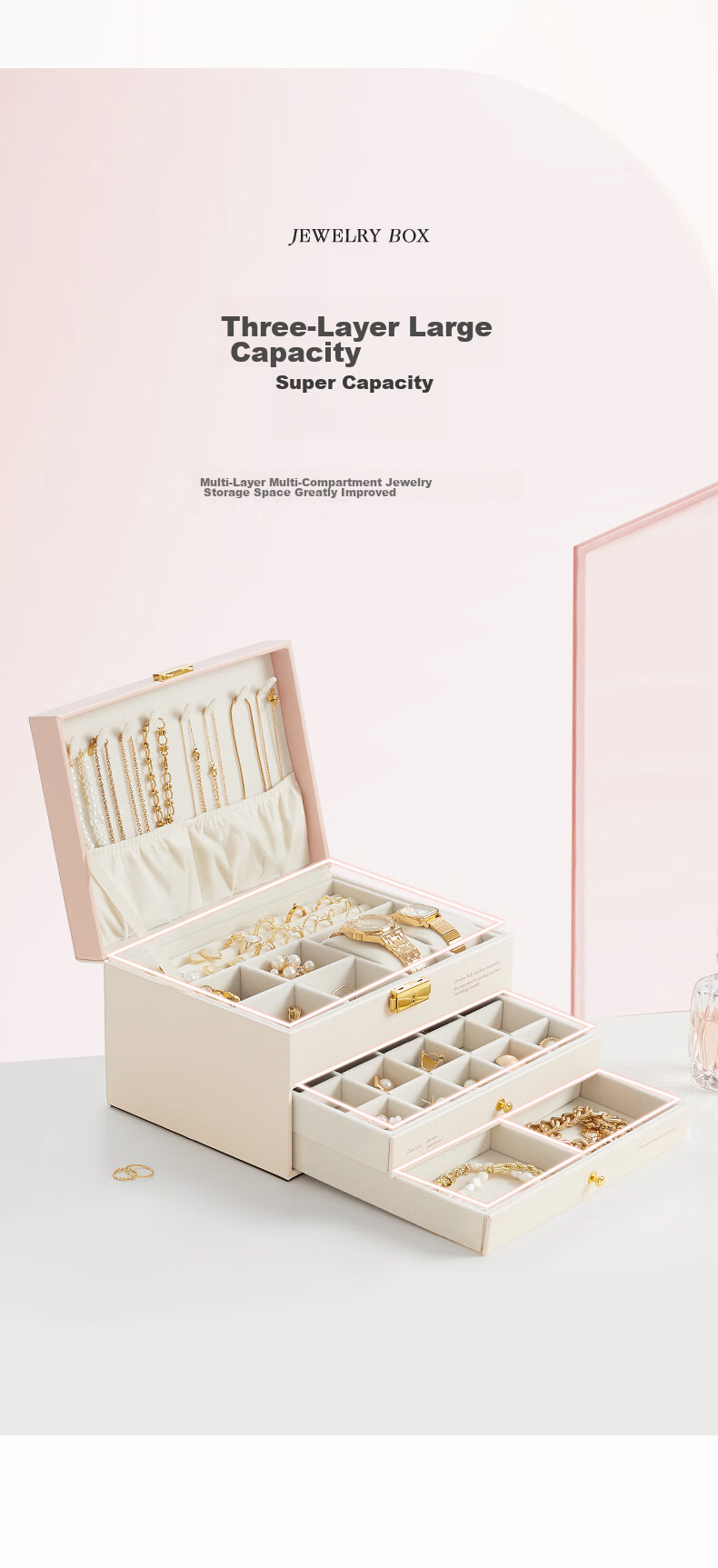 EACHY Three-Tier Lockable Jewelry Box for Gold Necklaces, Earrings, And High-End Exquisite Accessories Storage Box, Patchwork Color 8