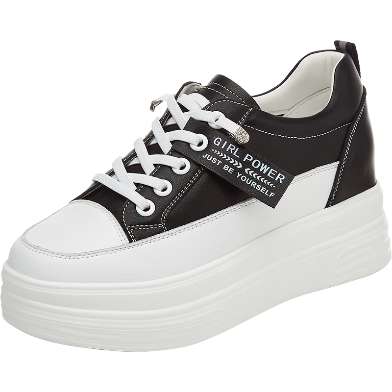 DAPHNE Women's White Leather Versatile Thick-Soled Casual Sneakers with Hidden Heel, Style 4623101013, Black, Size 34