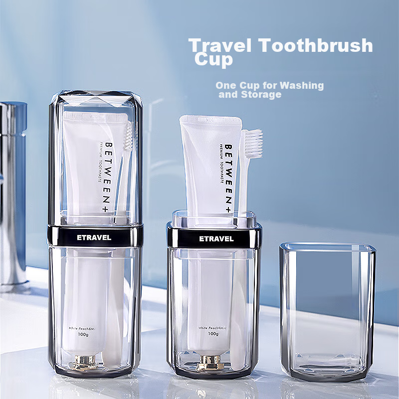 Etravel Travel Toiletry Cup Set with Detachable 2 Mouthwash Cups, Toothbrush Cup Storage Box Empty Cups Elegant Gray